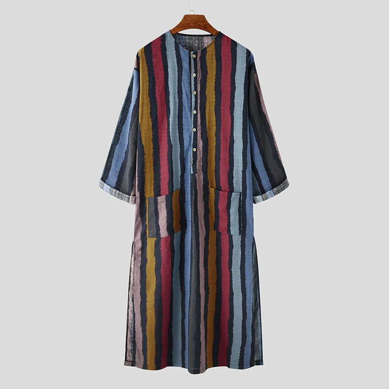 Men's Long Sleeve Striped Print Jumpsuit Robe - Image 3